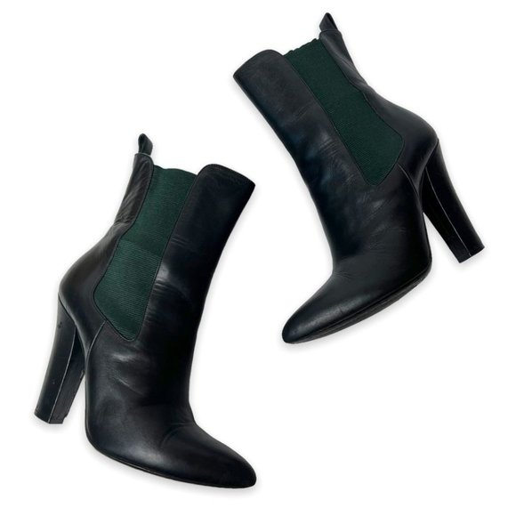 Gucci Shoes - Gucci Black Leather Green Elastic Gusset Chelsea Ankle Boots Block Heel Size 38